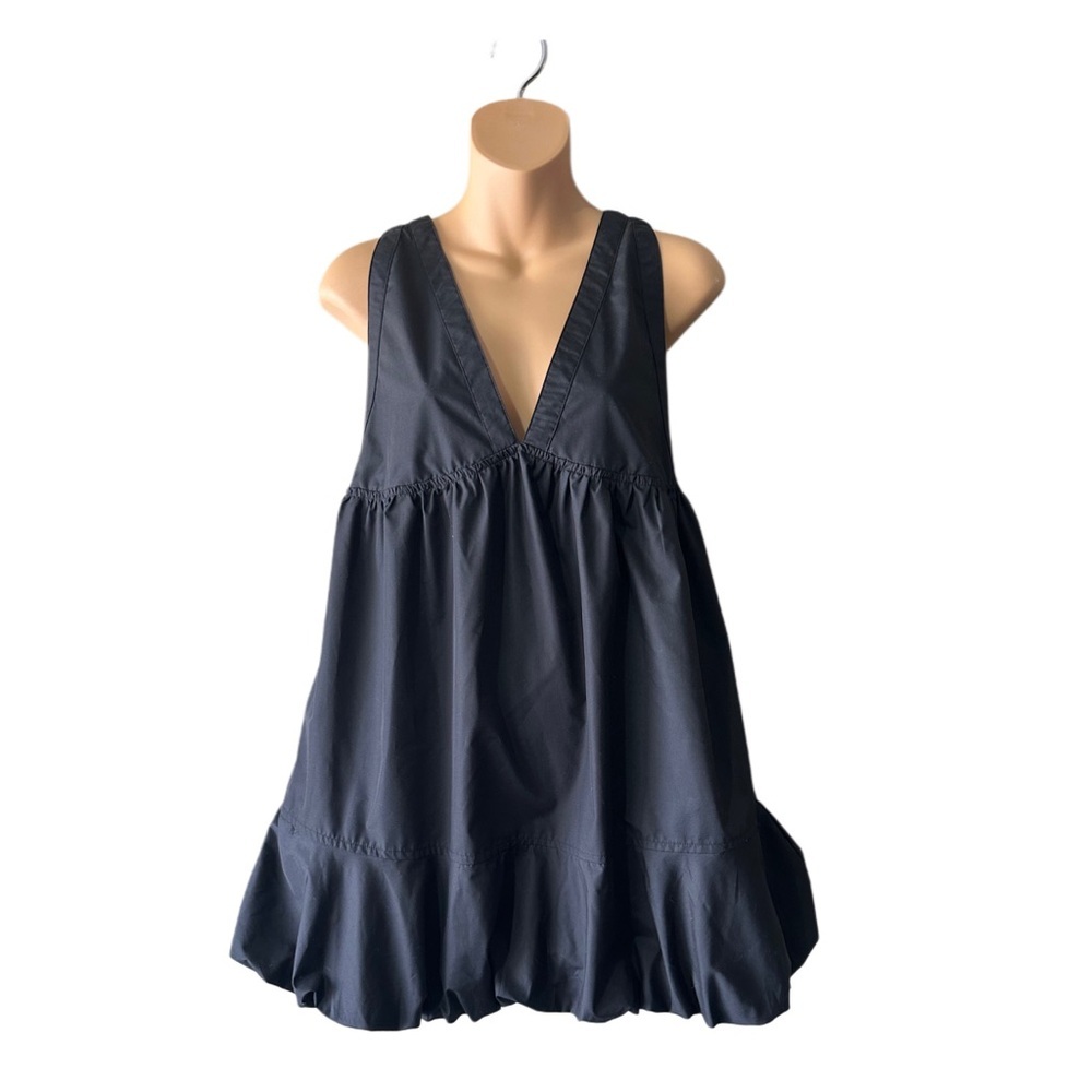 Day + Moon Black Sleeveless Bubble Dress with Double Tie Back and Deep V Neck